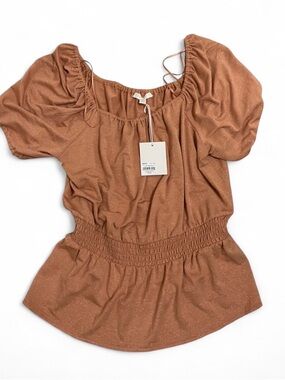 LC Lauren Conrad Rust Puff Sleeve Smocked Waist Top